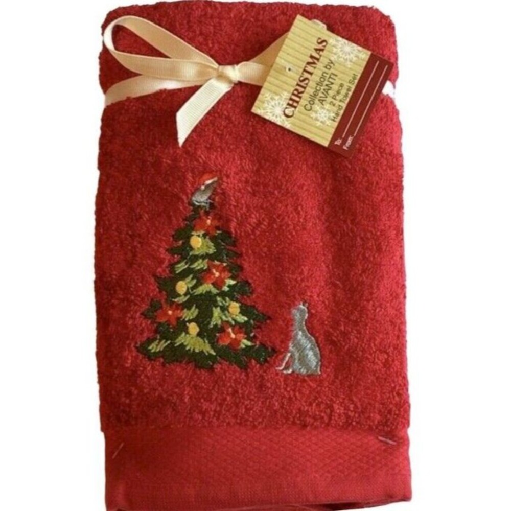 Avanti Christmas Tree Cat Red Hand Towels Embroidered Bath Bathroom Set of 2